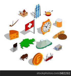 Switzerland icons set in isometric 3d style isolated on white background. Switzerland icons set, isometric 3d style