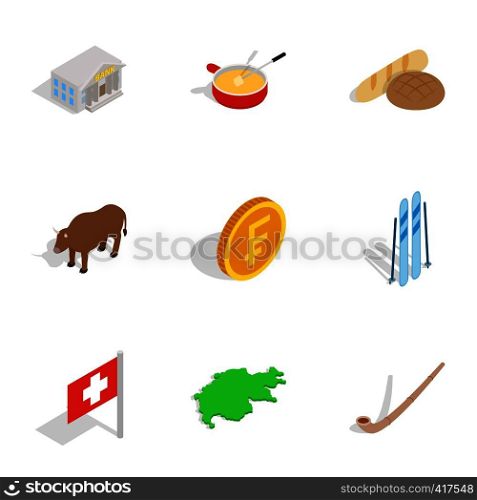 Switzerland icons set. Isometric 3d illustration of 9 Switzerland vector icons for web. Switzerland icons set, isometric 3d style