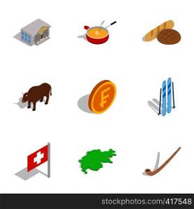 Switzerland icons set. Isometric 3d illustration of 9 Switzerland vector icons for web. Switzerland icons set, isometric 3d style