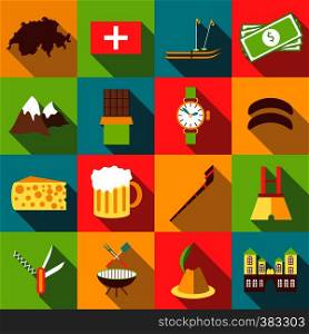Switzerland itravel cons set. Flat illustration of 16 Switzerland travel vector icons for web. Switzerland travel icons set, flat style