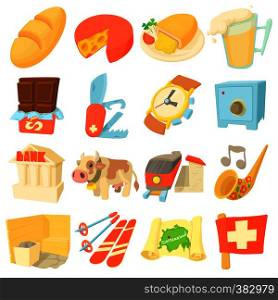 Switzerland itravel icons set. Cartoon illustration of 16 Switzerland travel vector icons for web. Switzerland travel icons set, cartoon style