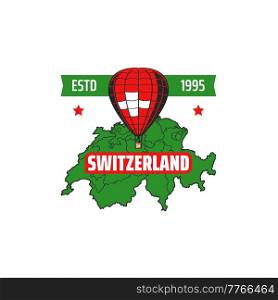 Switzerland map and hot air balloon icon. Switzerland travel or tourist trip sightseeing, european country, swiss vacation journey retro vector icon, sticker with Switzerland territory map silhouette. Switzerland map and hot air balloon retro icon
