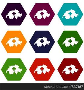 Switzerland map icon set many color hexahedron isolated on white vector illustration. Switzerland map icon set color hexahedron