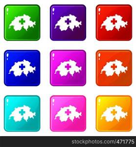 Switzerland map icons of 9 color set isolated vector illustration. Switzerland map icons 9 set