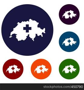 Switzerland map icons set in flat circle reb, blue and green color for web. Switzerland map icons set