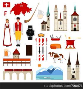 Switzerland symbols collection. Set with architecture, national flag, costume, food, cow, map and other swiss elements in flat style. Vector illustration. Switzerland flat symbols collection