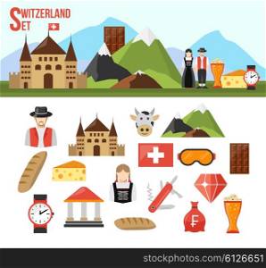 Switzerland symbols set. Switzerland symbols set with flat icons of food money and people isolated vector illustration