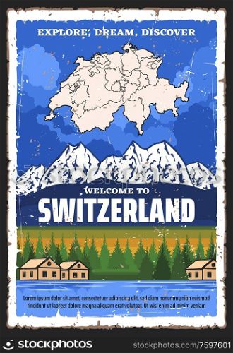 Switzerland travel and tourism vector design with map of Swiss Confederation, Alpine mountains and lake with forest trees and village houses, Welcome to Switzerland, Alpine resort, travel tour themes. Switzerland travel, Swiss map and Alpine moutains