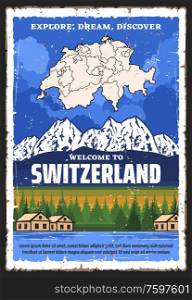 Switzerland travel and tourism vector design with map of Swiss Confederation, Alpine mountains and lake with forest trees and village houses, Welcome to Switzerland, Alpine resort, travel tour themes. Switzerland travel, Swiss map and Alpine moutains
