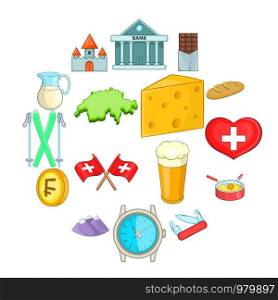 Switzerland travel icons set. Cartoon illustration of 16 Switzerland travel vector icons for web. Switzerland travel icons set, cartoon style