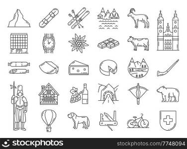 Switzerland travel landmarks and Swiss national symbols, vector icons. Switzerland tourism attraction, sightseeing, Alps and cheese, milk, bear, castles and knife, edelweiss, chocolate and watches. Switzerland travel landmarks and Swiss symbols