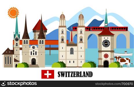 Switzerland Travel Landmarks background. Swiss national attractions for travel agency. Vector Illustration. Switzerland Travel Landmarks background