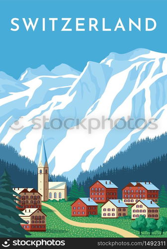 Switzerland travel retro poster, nature vintage banner. Summer Alps landscape, mountain Austria village. Hand drawing flat vector illustration.