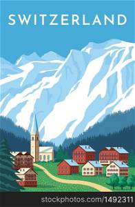 Switzerland travel retro poster, nature vintage banner. Summer Alps landscape, mountain Austria village. Hand drawing flat vector illustration.