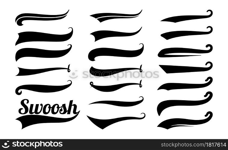 Swoosh tails. Swirl sport typography element, isolated curly text pennants. Black retro calligraphy strokes or ornament designs vector set. Curve swash drawn, scroll ornament calligraphic illustration. Swoosh tails. Swirl sport typography element, isolated curly text pennants. Black retro calligraphy strokes or ornament designs vector set