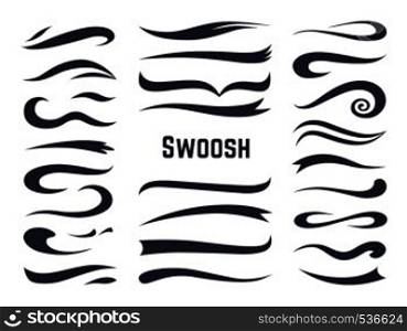 Swooshes and swashes. Underline swish tails for sport text logos, swirl calligraphic font line decoration element. Vector swash style set. Swooshes and swashes. Underline swish tails for sport text logos, swirl calligraphic font line decoration element. Vector swash set