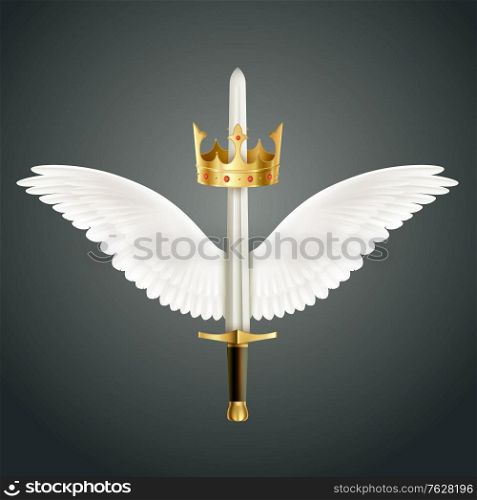 Sword accompanied by wings and crown realistic design symbolizing guardian angel protection against dark background vector illustration