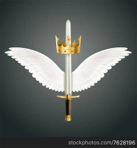 Sword accompanied by wings and crown realistic design symbolizing guardian angel protection against dark background vector illustration