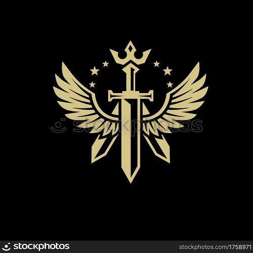 Sword accompanied by wings and crown symbolizing guardian angel protection