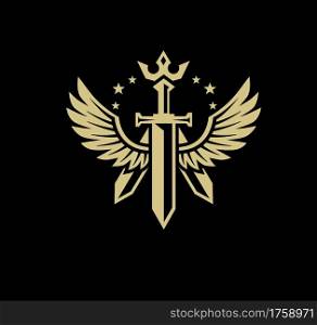 Sword accompanied by wings and crown symbolizing guardian angel protection