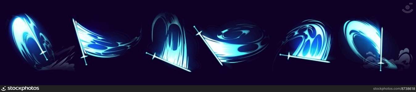 Sword attack, slash and cut effect. Blue flash of weapon motion, punch and fast hit light effects for game animation isolated on black background, vector cartoon illustration. Sword attack, slash and cut effect