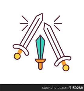 Sword fighting color icon. Weapon clashing. Battling and war. Ancient history. Longswords and broadswords. Military competition. Battlefield. Medieval culture. Isolated vector illustration