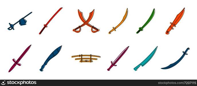Sword icon set. Color outline set of sword vector icons for web design isolated on white background. Sword icon set, color outline style