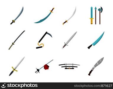 Sword icon set. Flat set of sword vector icons for web design isolated on white background. Sword icon set, flat style