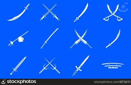 Sword icon set. Simple set of sword vector icons for web design isolated on blue background. Sword icon blue set vector