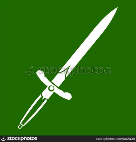 Sword icon white isolated on green background. Vector illustration. Sword icon green
