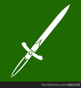 Sword icon white isolated on green background. Vector illustration. Sword icon green