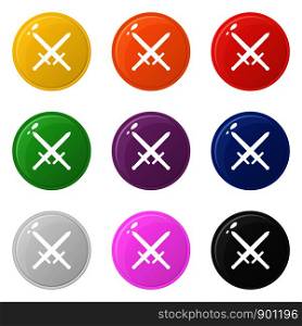 Sword weapon icons set 9 colors isolated on white. Collection of glossy round colorful buttons. Vector illustration for any design.