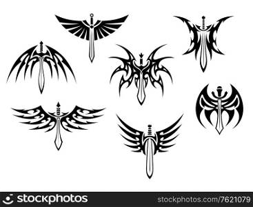 Swords and daggers tribal tattoos set isolated on white background