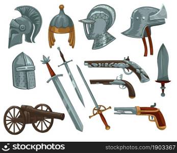 Swords and weapons, armor and pistols for knights and soldiers of armies. Fights and battles, protecting kingdom. Metal helmet and dagger, spear and old vintage retro gun. Vector in flat style. Ancient swords, weaponry and armor for knights