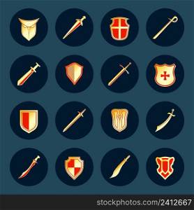 Swords antique military knight weapon and steel warrior shields round isolated vector illustration