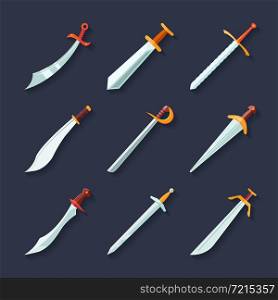 Swords knives daggers sharp blades flat icon set isolated vector illustration