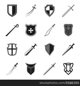 Swords medieval knight weapon and and steel warrior shields isolated vector illustration