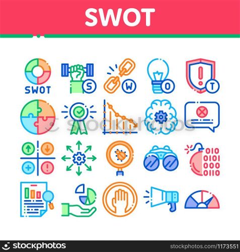 Swot Analysis Strategy Collection Icons Set Vector Thin Line. Swot Infographics And Broken Chain, Lightbulb, Shield And Brain With Gear Concept Linear Pictograms. Color Contour Illustrations. Swot Analysis Strategy Collection Icons Set Vector