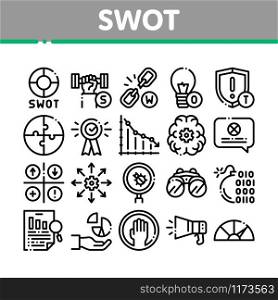 Swot Analysis Strategy Collection Icons Set Vector Thin Line. Swot Infographics And Broken Chain, Lightbulb, Shield And Brain With Gear Concept Linear Pictograms. Monochrome Contour Illustrations. Swot Analysis Strategy Collection Icons Set Vector