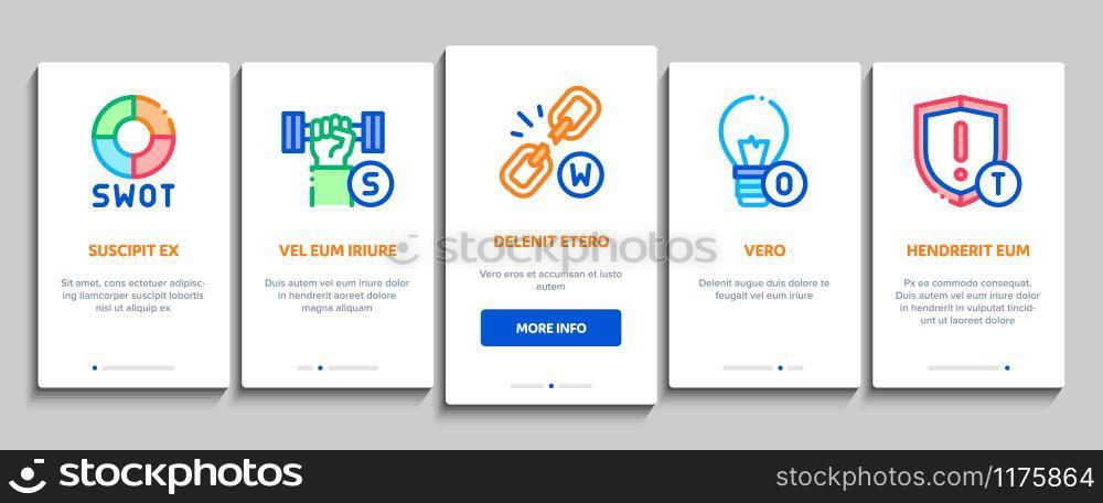Swot Analysis Strategy Onboarding Mobile App Page Screen Vector. Swot Infographics And Broken Chain, Lightbulb, Shield And Brain With Gear Concept Linear Pictograms. Color Contour Illustrations. Swot Analysis Strategy Onboarding Elements Icons Set Vector