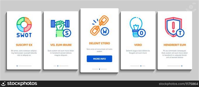 Swot Analysis Strategy Onboarding Mobile App Page Screen Vector. Swot Infographics And Broken Chain, Lightbulb, Shield And Brain With Gear Concept Linear Pictograms. Color Contour Illustrations. Swot Analysis Strategy Onboarding Elements Icons Set Vector