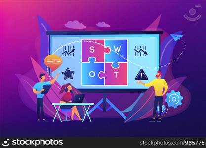 SWOT analysis team working on list of your opportunities, strategizing and monitoring. SWOT analysis and matrix, strategic planning concept. Bright vibrant violet vector isolated illustration. SWOT analysis concept vector illustration.