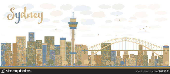 Sydney City skyline with blue and brown skyscrapers. Vector illustration