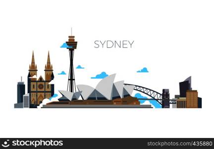Sydney city vector panorama. Australia travel landmark in flat style. City of sydney, architecture landmark panorama illustration. Sydney city vector panorama. Australia travel landmark in flat style