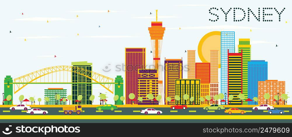 Sydney Skyline with Color Buildings and Blue Sky. Vector Illustration. Business Travel and Tourism Concept with Modern Architecture. Image for Presentation Banner Placard and Web Site.