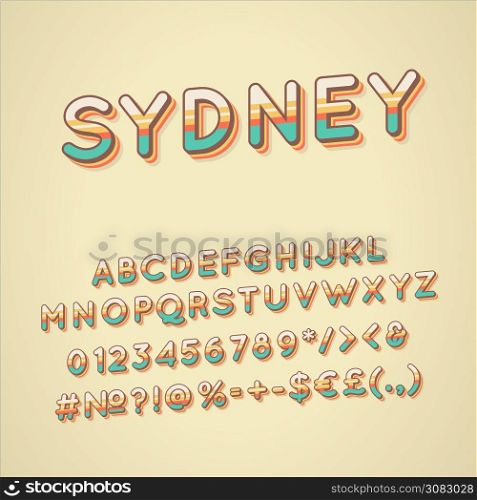 Sydney vintage 3d vector alphabet set. Retro bold font, typeface. Pop art stylized lettering. Old school style letters, numbers, symbols pack. 90s, 80s creative typeset design template. Sydney vintage 3d vector alphabet set