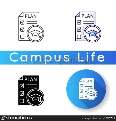 Syllabus icon. University courses list. Educational plan and programs. University life. Academic transcript. Classes timetable. Linear black and RGB color styles. Isolated vector illustrations. Syllabus icon