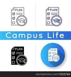 Syllabus icon. University courses list. Educational plan and programs. University life. Academic transcript. Classes timetable. Linear black and RGB color styles. Isolated vector illustrations. Syllabus icon