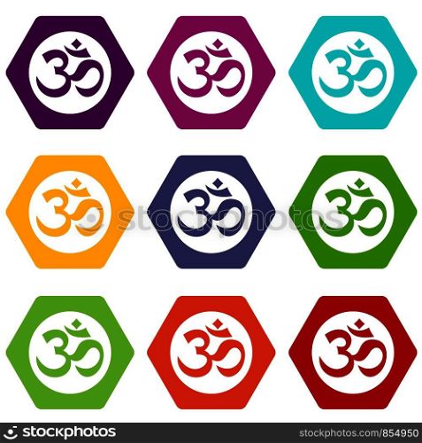 Symbol Aum icon set many color hexahedron isolated on white vector illustration. Symbol Aum icon set color hexahedron