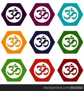 Symbol Aum icon set many color hexahedron isolated on white vector illustration. Symbol Aum icon set color hexahedron